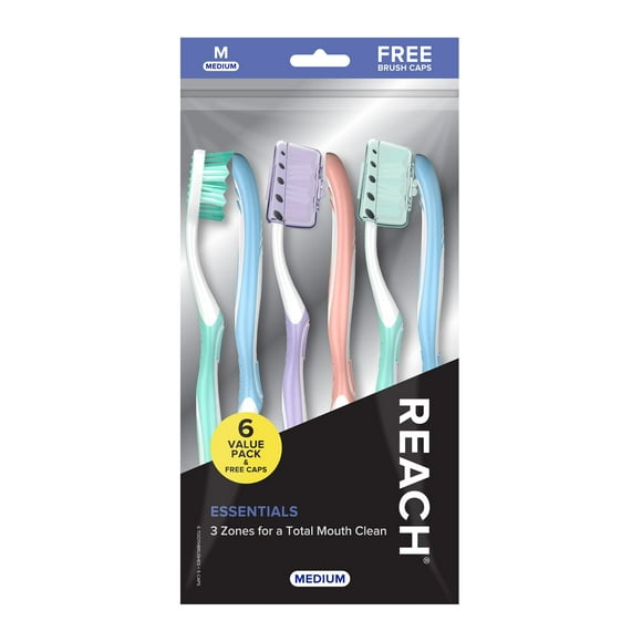 REACH Essentials Multi-Angled Toothbrushes with Tongue Scraper, Ergonomic Handle, Medium Bristles, 6 Count