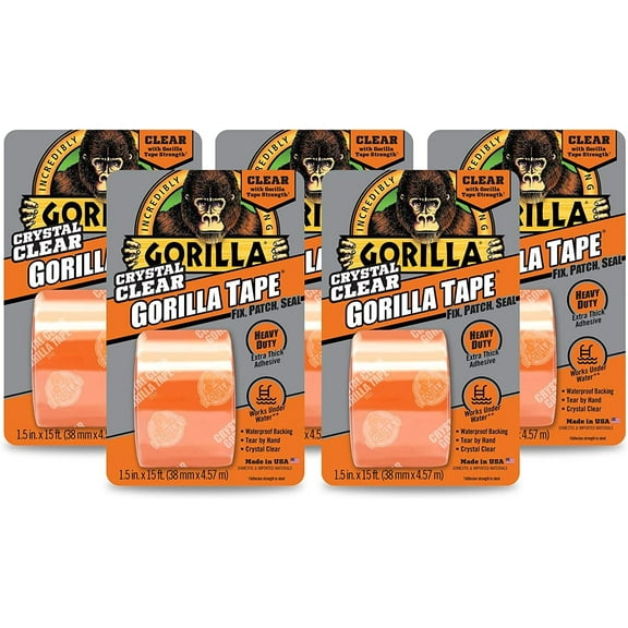 Gorilla Crystal Clear Repair Duct Tape, 1.88" x 5 yd, Clear, Pack of 5