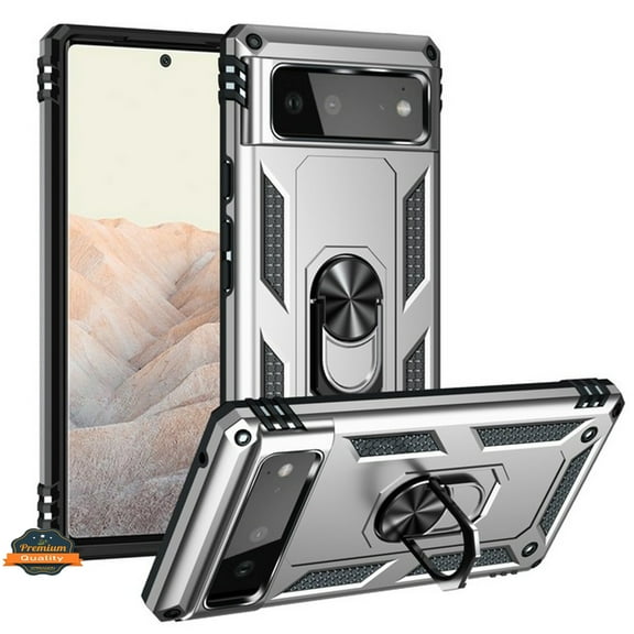 For Google Pixel 6 Shockproof Tuff Hybrid Dual Layer PC   TPU with 360° Ring Stand Metal Kickstand Heavy Duty Armor Shell Phone Case Cover by Xpression [Silver]