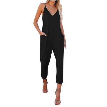 

Jumpsuits for Women Women s Casual Spaghetti Strap V Neck Jumpsuit Wide Leg Long Pants Romper with Pockets