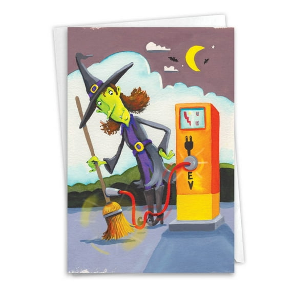 NobleWorks Funny Halloween Greeting Card with 5 x 7 Inch Envelope (1 Card) Electric Broom C7692HWG