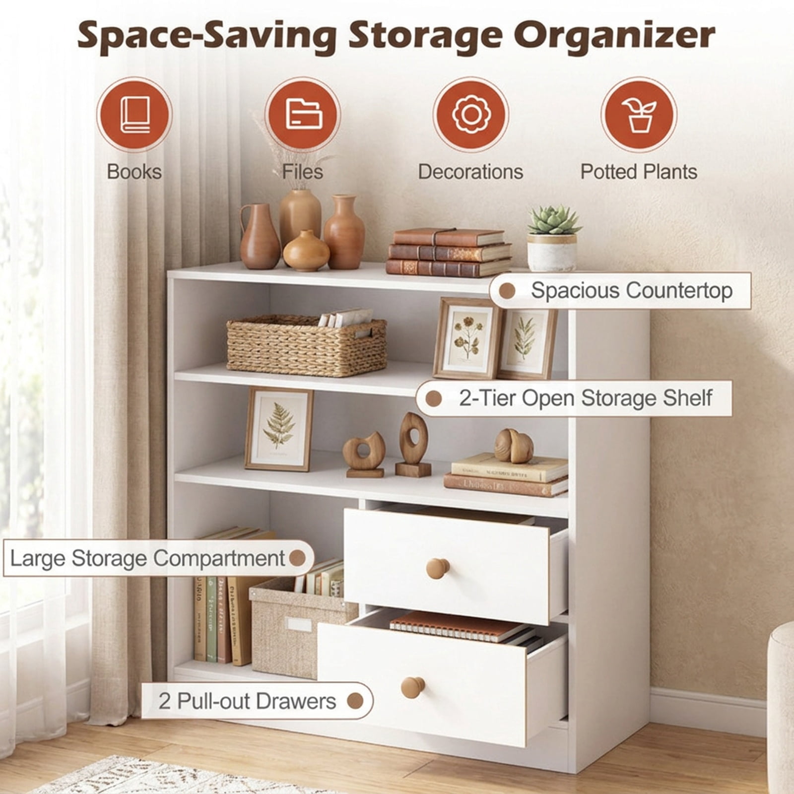 Furnibear Open Accent Cabinet with 2 Drawers 3 Compartments and Countertop Bookshelf Storage for Entryway Living Room and Bedroom, White