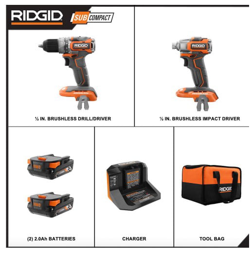 RIDGID 18V SubCompact Brushless 1/2" Drill/Driver and Impact Driver Combo Kit for sale online 