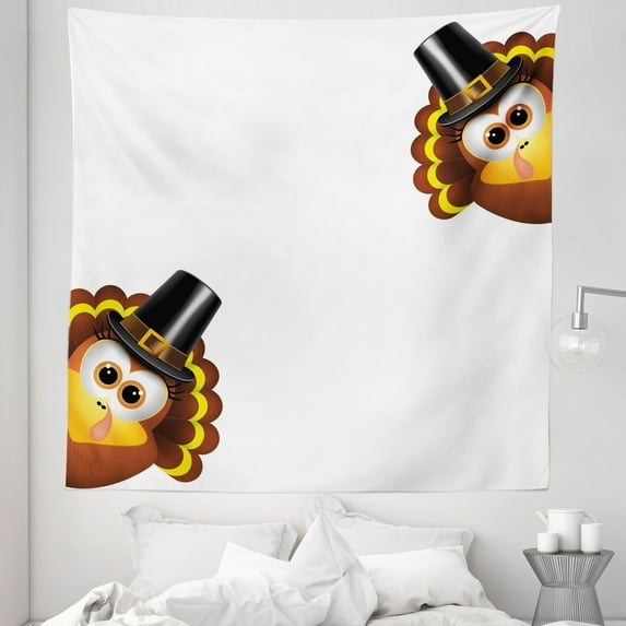 Turkey Tapestry, Silly Turkey Cartoon Animal Characters with Pilgrims Hat Autumn Feast Day, Fabric Wall Hanging Decor for Bedroom Living Room Dorm, 5 Sizes, Brown Black Yellow, by Ambesonne