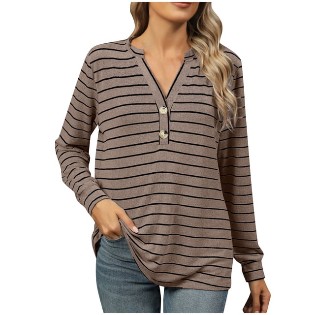 MeetoTime T-Shirt à Manches Longues Rayé pour Femmes Tunique Décontractée à Col en V Boutonnée Tenue Décontractée Douce d'Automne
