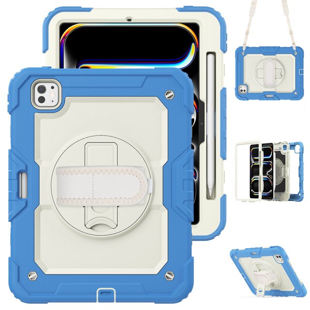 XYX For iPad Pro 11 inch Case 2024 (M4), 360 Rotating Shockproof Cover with Stand, Screen Protector, Shoulder Strap, Cream Navy