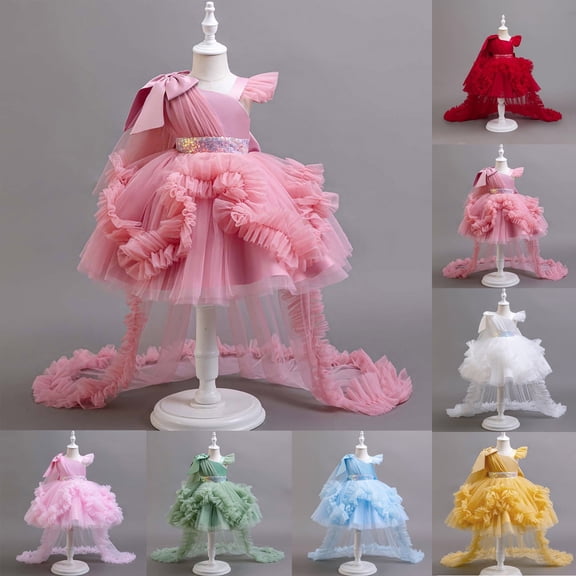 Crunowin Girls Summer Dress Sleeveless Round Neck Tulle Fabric Long Train & Sparkly Birthday Stage Formal Gown Blue Size 2T