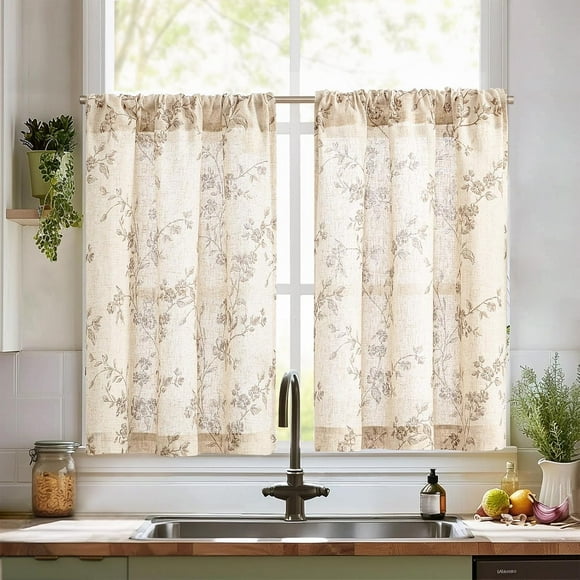 Floral Kitchen Curtains 36 Inch Linen Tier Curtains Farmhouse Cafe Half Window Drapes Over Sink Light Filtering for Living Room Laundry RV Rod Pocket 2 Panels Taupe on Beige