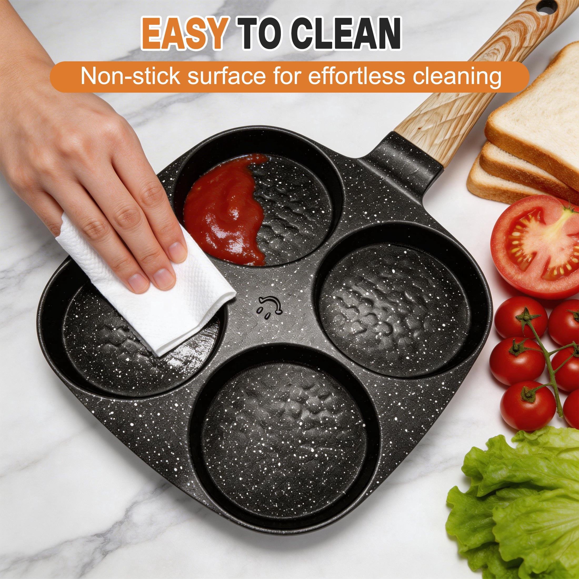 cisilov Egg Pan, 4-Cup Nonstick Egg and Burger Pan, Breakfast Skillet with Divided Sections, Black