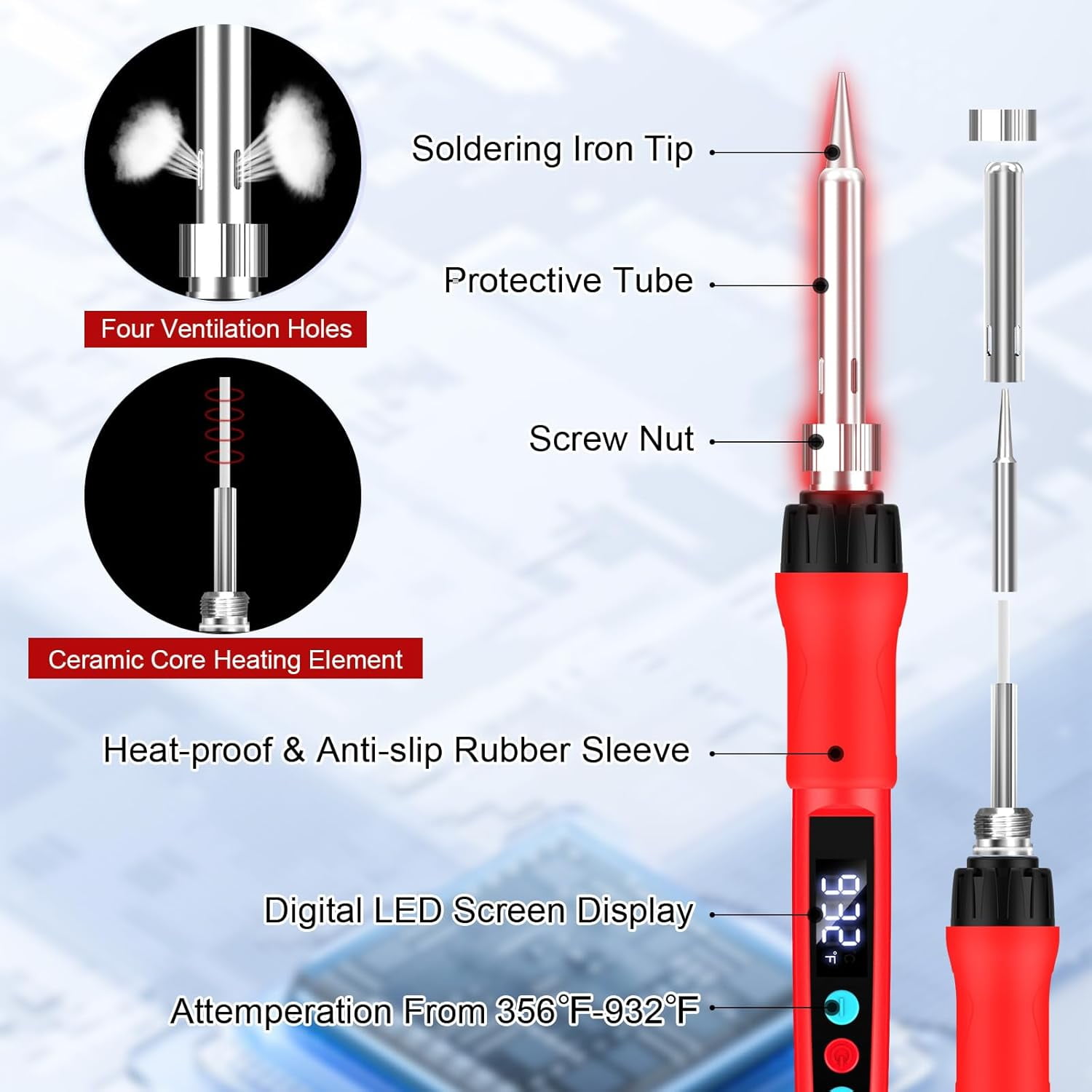 Soldering Iron Set, 100 Soldering Iron with Digital Display, Adjustable Temperature 356-932℉ Electronic Soldering Set, Including Soldering Iron Tip, Solder Wire, Stand, Tweezers and Solder Paste, Red