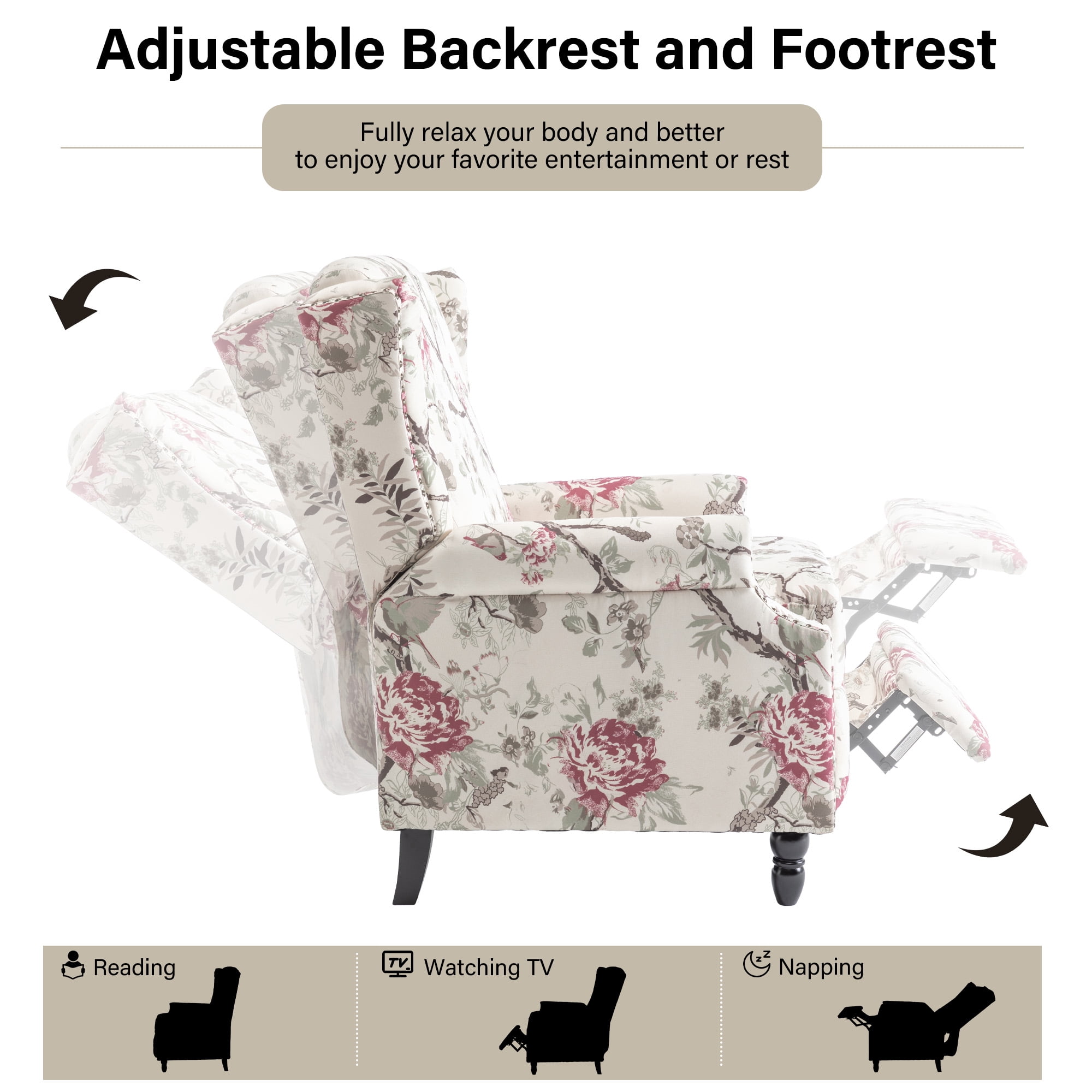 DREAMSIDEA Push Back Recliner Chair Set of 2 Living Room, Wingback Reclining Sofa Chair, Fabric Floral Recliner Reading Chair with Footrest for Living Room/Office/Apartment, Floral
