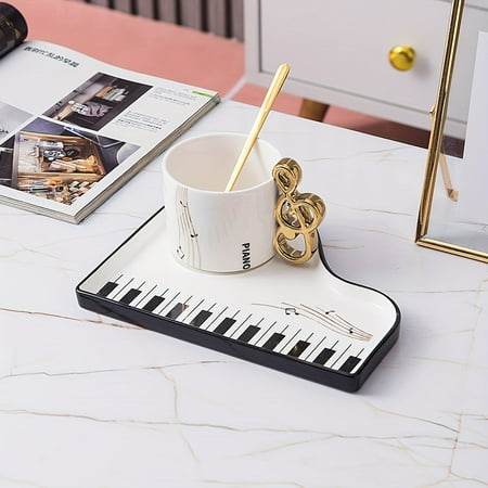

Coffee Mug Art Piano Keys Coffee Cup with Spoon and Saucer Set Ceramic Cafe Mug for Latte Cappuccino Espresso Milk etc Tea Demitasse Cup Gift for Music Lover