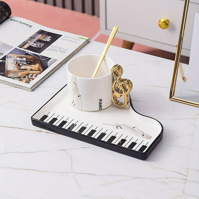 Ceramic Coffee Mug Set with Piano Key Design 6.5 oz Cup Saucer and Spoon Gift Set