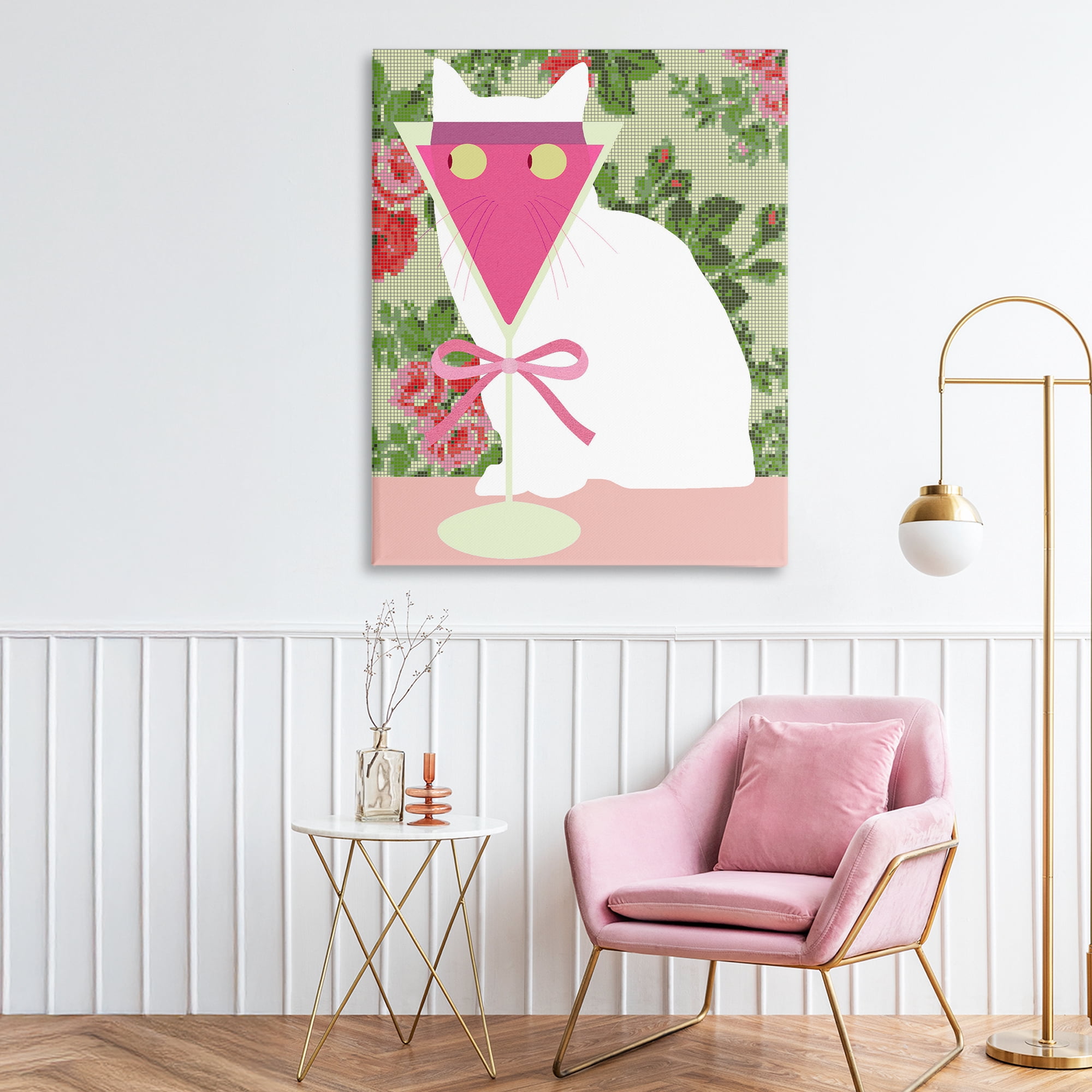 Stupell Industries White Cat with Pink Martini Canvas Wall Art, design by Lil' Rue