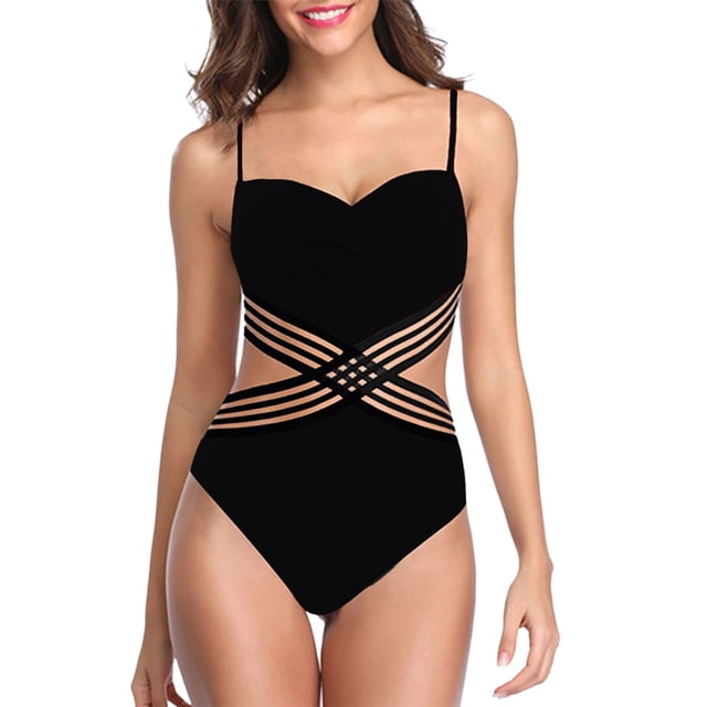 Aayomet Maillots de Bain pour Femmes une Pièce Résistant au Chlore Col Rond Bonnets Souples Sportif une Pièce, Noir G
