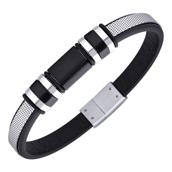 555Jewelry Braided Stainless Steel & Leather Bracelet for Men and Boys, 8.25 Inch, Silver