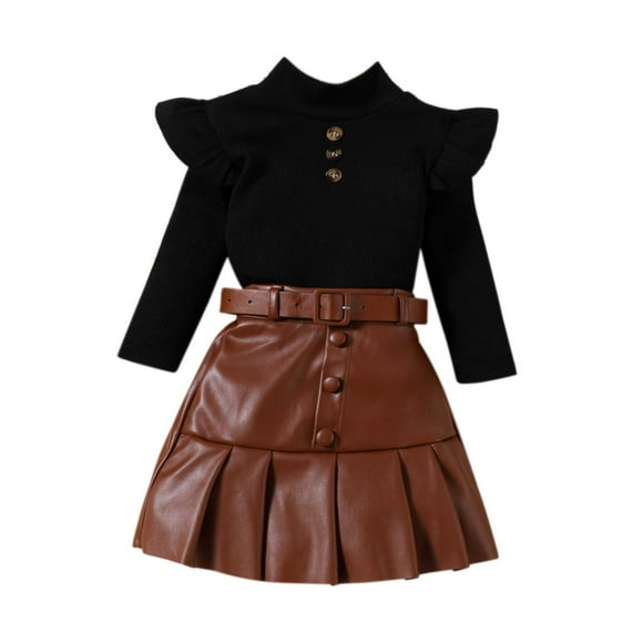 Odeerbi 18M-6 Años Conjunto de Niñas Tops de Manga Larga Con Cuello Moñudo Y Falda de Cuero Conjunto de Dos Piezas Conjunto de Falda