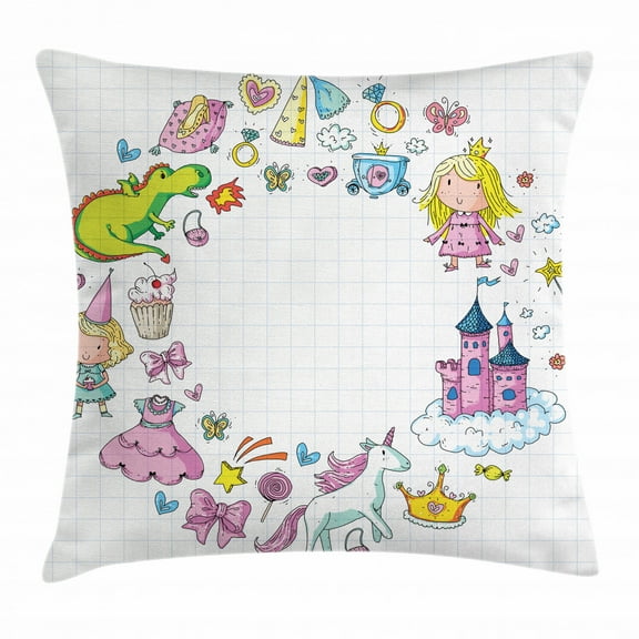 Unicorn Party Throw Pillow Cushion Cover, Fantastic Fairy Tale Elements Fire Breathing Dragon Princes Castle on Cloud, Decorative Square Accent Pillow Case, 18 X 18 Inches, Multicolor, by Ambesonne