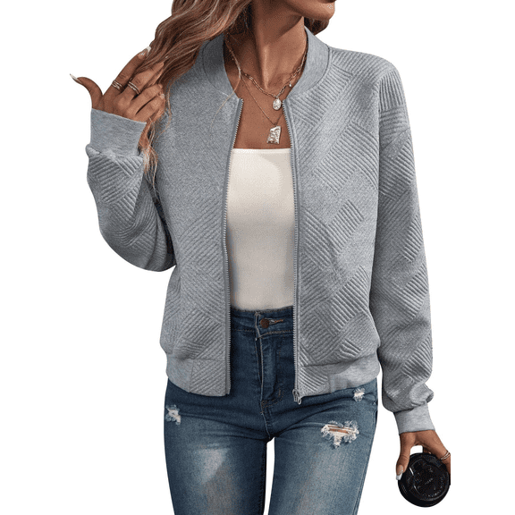 Women’s Solid Color Zip-Up Jacket, Casual Baseball Collar Lightweight Outerwear, Relaxed Fit Long Sleeve Daily Wear Jacket for Spring Fall