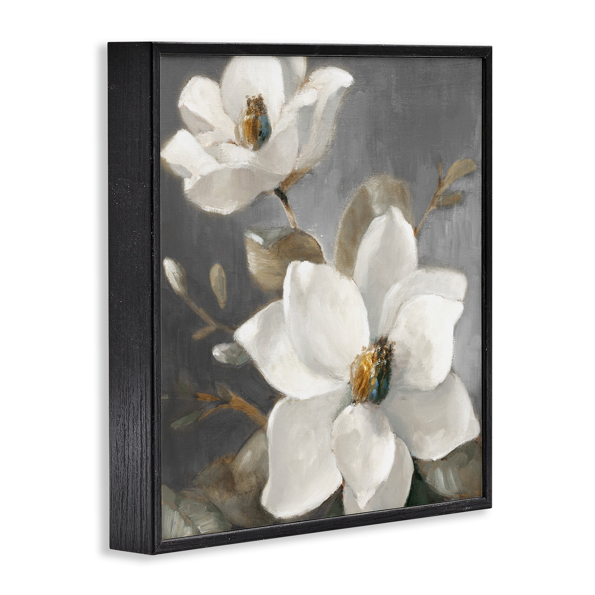 Stupell Industries Magnolias on Grey Botanical & Floral Painting Black Framed Art Print Wall Art, 17 x 17