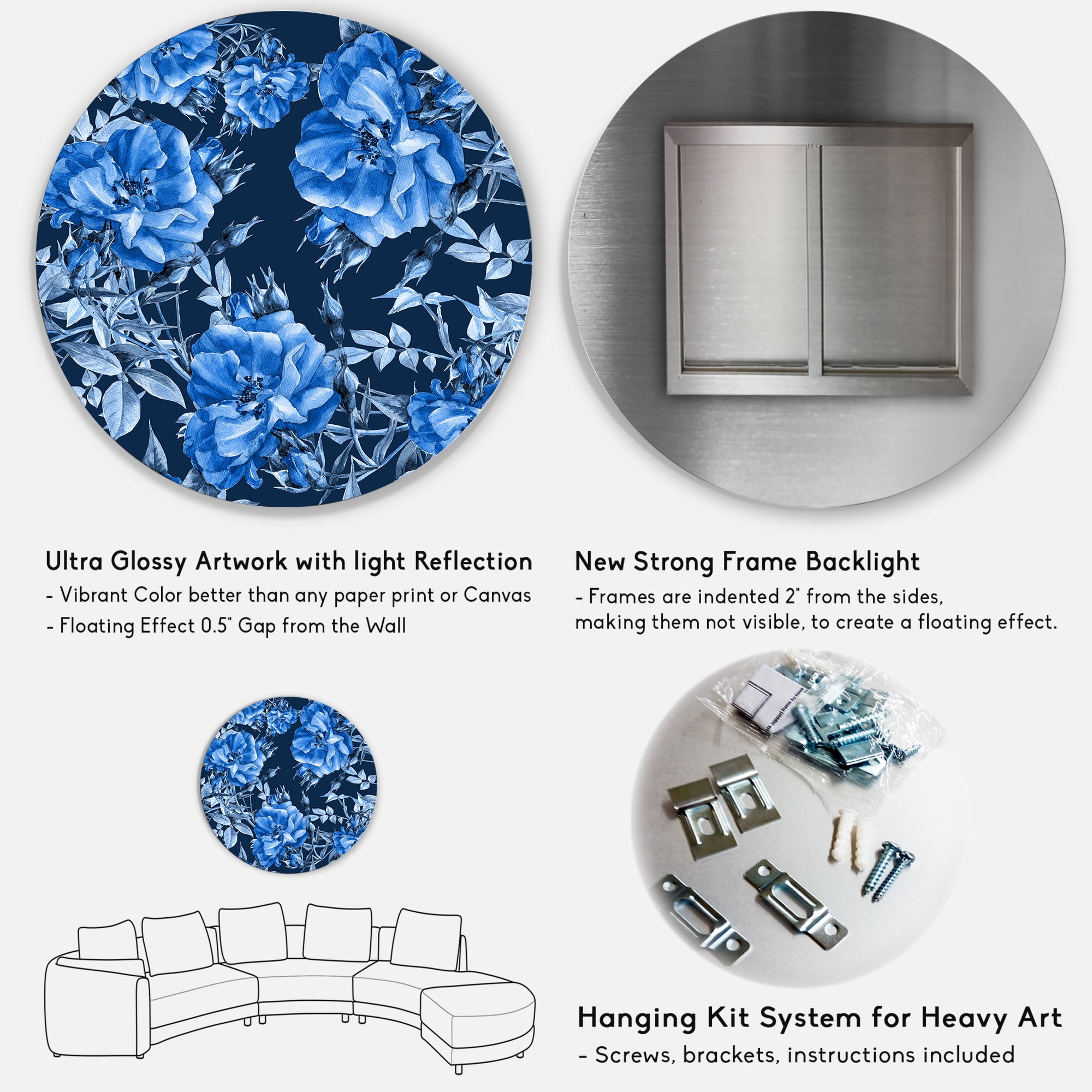 Designart 'Abstract Blue Wildflowers' Modern Circle Metal Wall Art 29x29 - Disc of 29