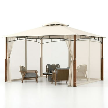 Yardi Yard 12 x 10 Feet Outdoor Patio Gazebo with Netting and 2-Tier Canopy Roof-Beige, Canopy for Patio Deck Garden and Beach
