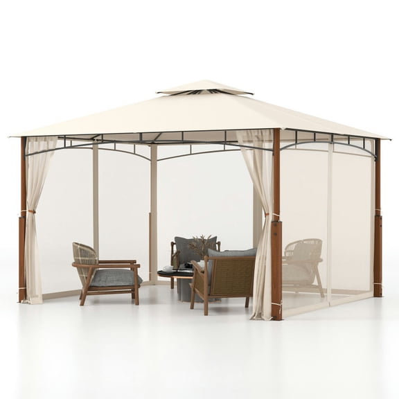 Spaco Outdoor Gazebo,Patios Gazebos,12 x 10 Feet Outdoor Patio Gazebo with Netting and 2-Tier Canopy Roof-Beige