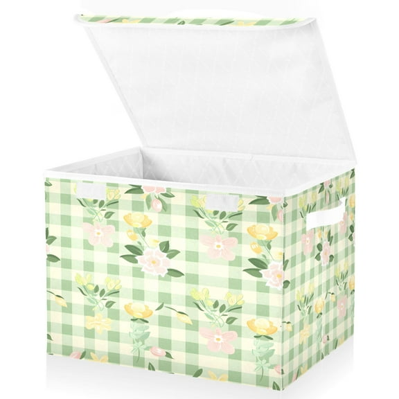 Ryvnso Floral on Green Lattice Large Lidded Foldable Storage Baskets Cubes Boxes Lids Bin for Home