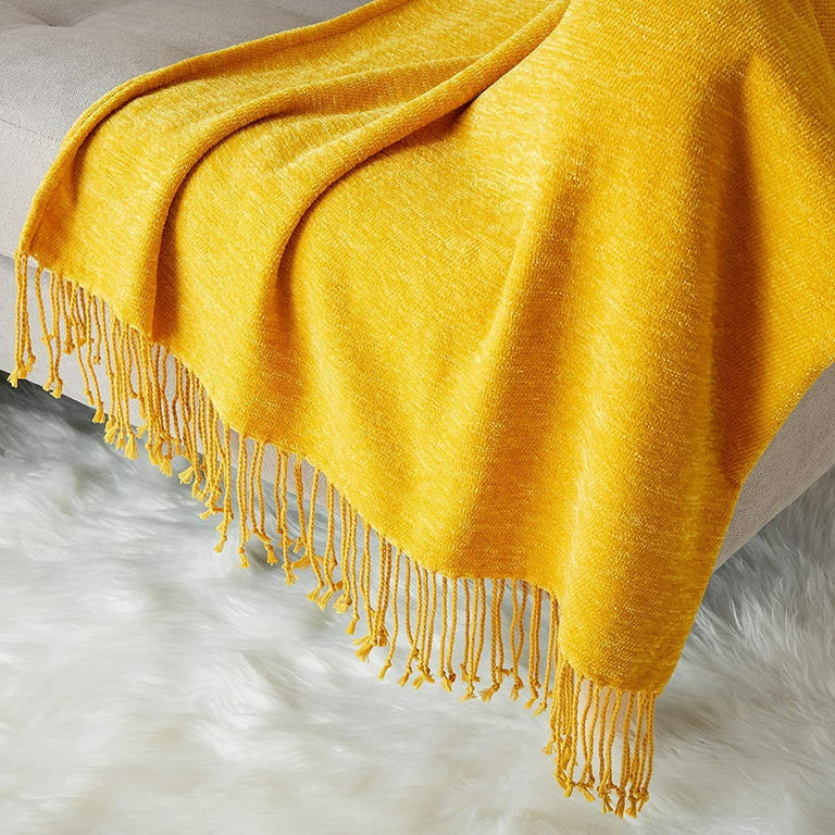 Mustard Yellow Throw Blanket, Soft Chenille Throw Fluffy Cozy Blanket with Tassel  Fringe, Velvety Texture Knitted Throw for Home Decor Couch Sofa Chair Bed  (Mustard Yellow, 50 x 60 Inches) 