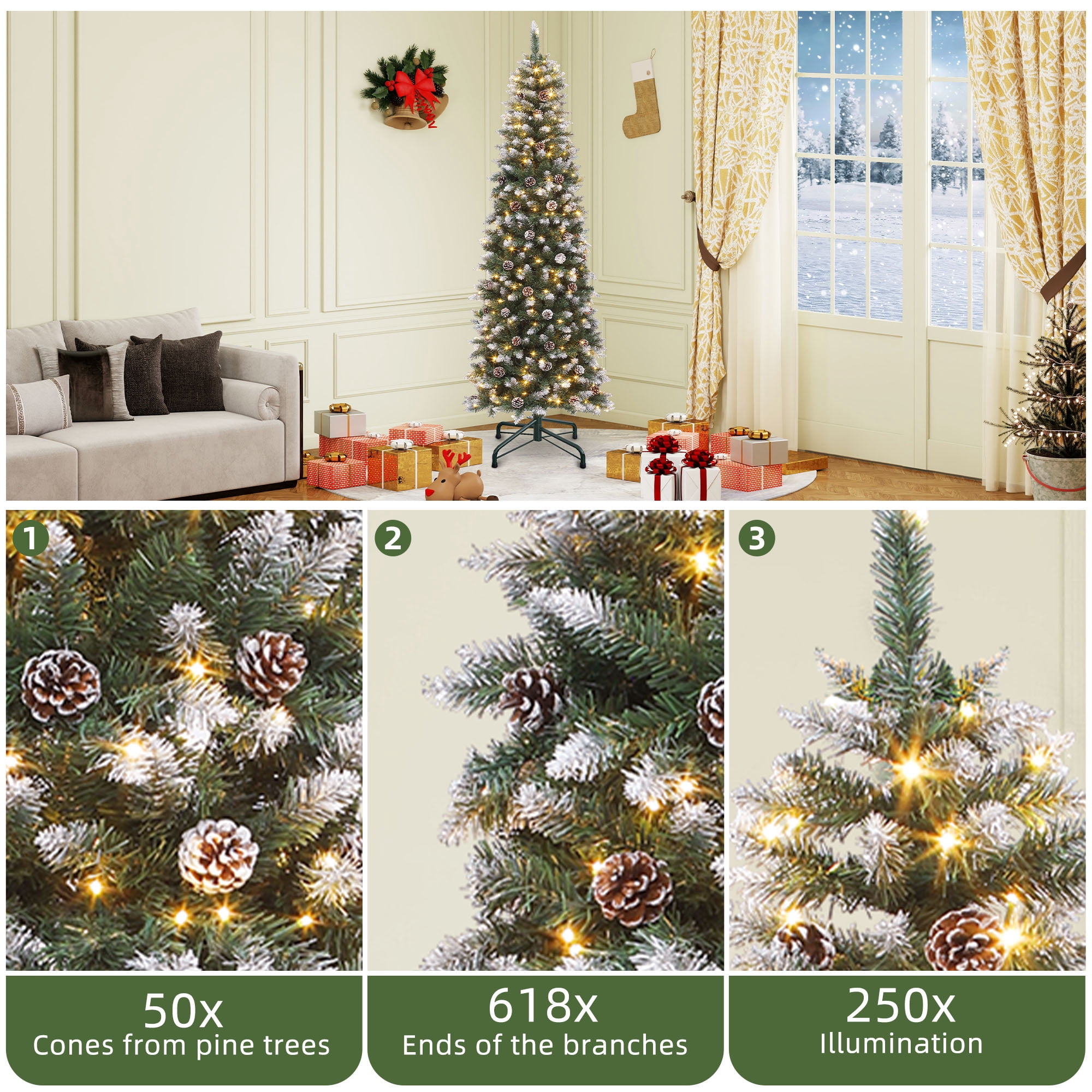 Uforic 6 ft Prelit Flocked Artificial Christmas Tree with 618 Tips & 250 Warm-white Lights, Remote Control, Green