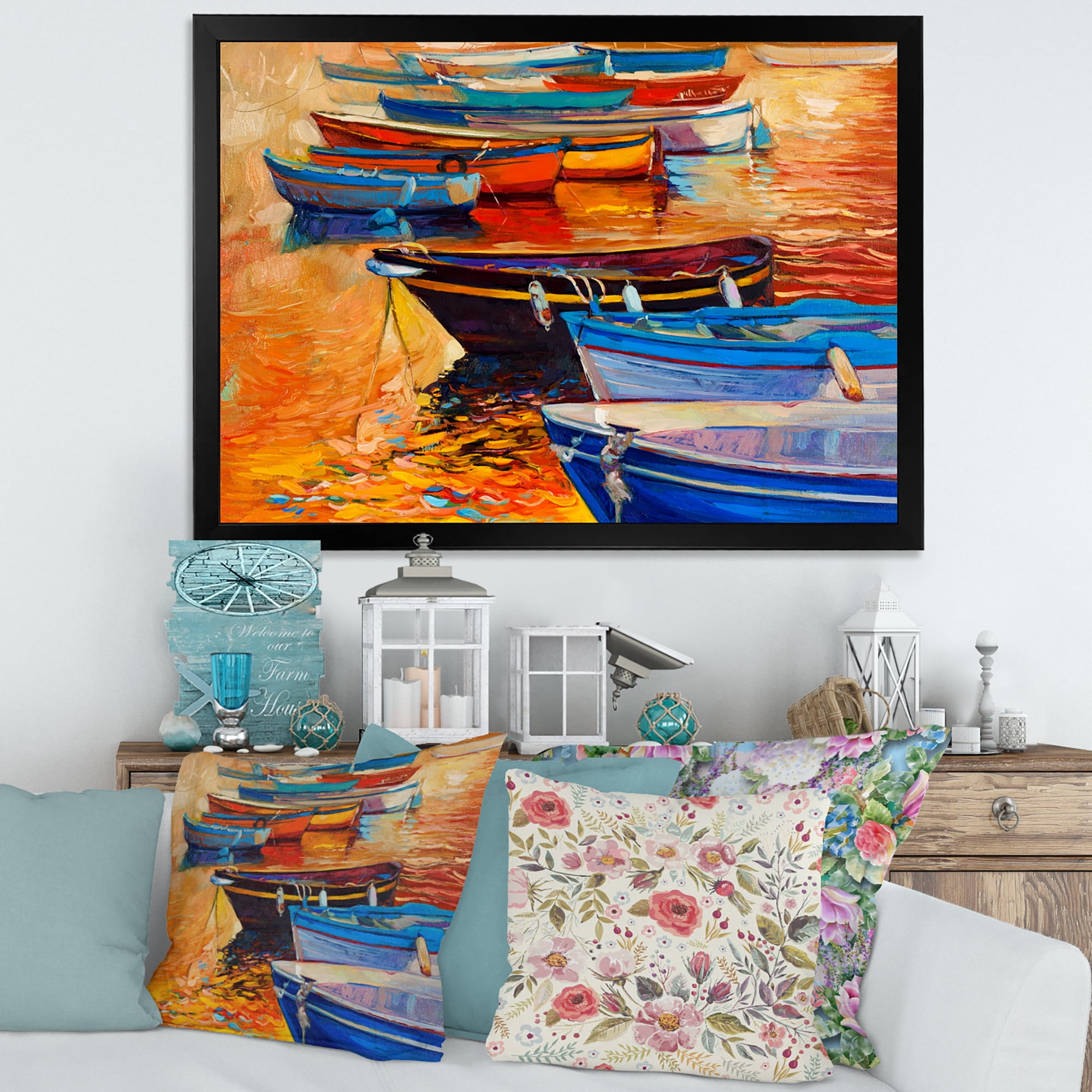Boats During Warm Colored Sunset In The Harbor I 40 in x 30 in Framed Painting Canvas Art Print, by Designart