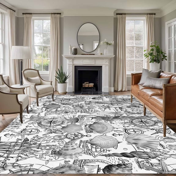 Grey Shell Starfish Coastal Area Rugs 8'x10', Washable Small Throw Rugs for Living Room Patio, Nautical Ocean Summer Beach Indoor Outdoor Rug Non-Slip Low Pile Carpet Runner Reversible Floor Mats