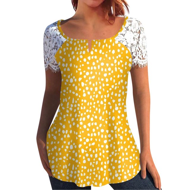 Mujeres Tops Casual verano encaje manga corta Split cuello túnica impresa camisetas camisetas Tops OAVQHLG3B Store lin121212