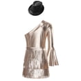 thumbnail image 6 of inlzdz Girls 3Pcs Groovy Jazz Dance Disco Outfit Metallic One Flared Sleeve Leotard with Tassel Skirt Sequin Hat Set Camel 8, 6 of 7
