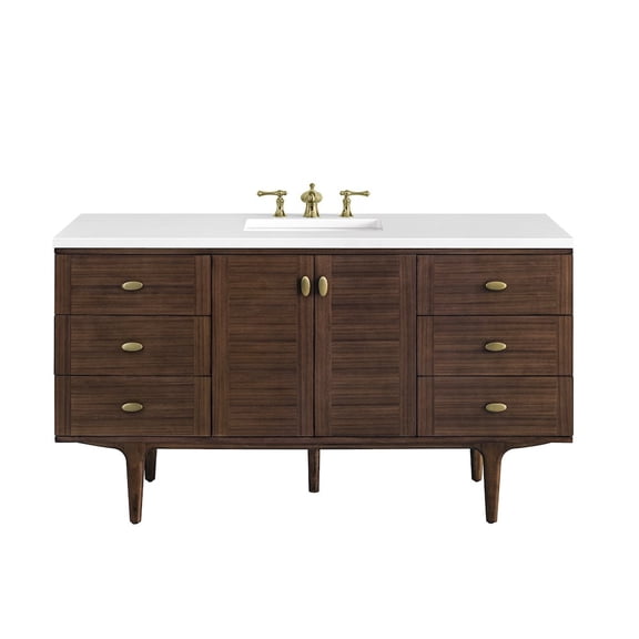 James Martin Vanities 60" Single Vanity, Mid-Century Walnut w/ 3 CM White Zeus Top