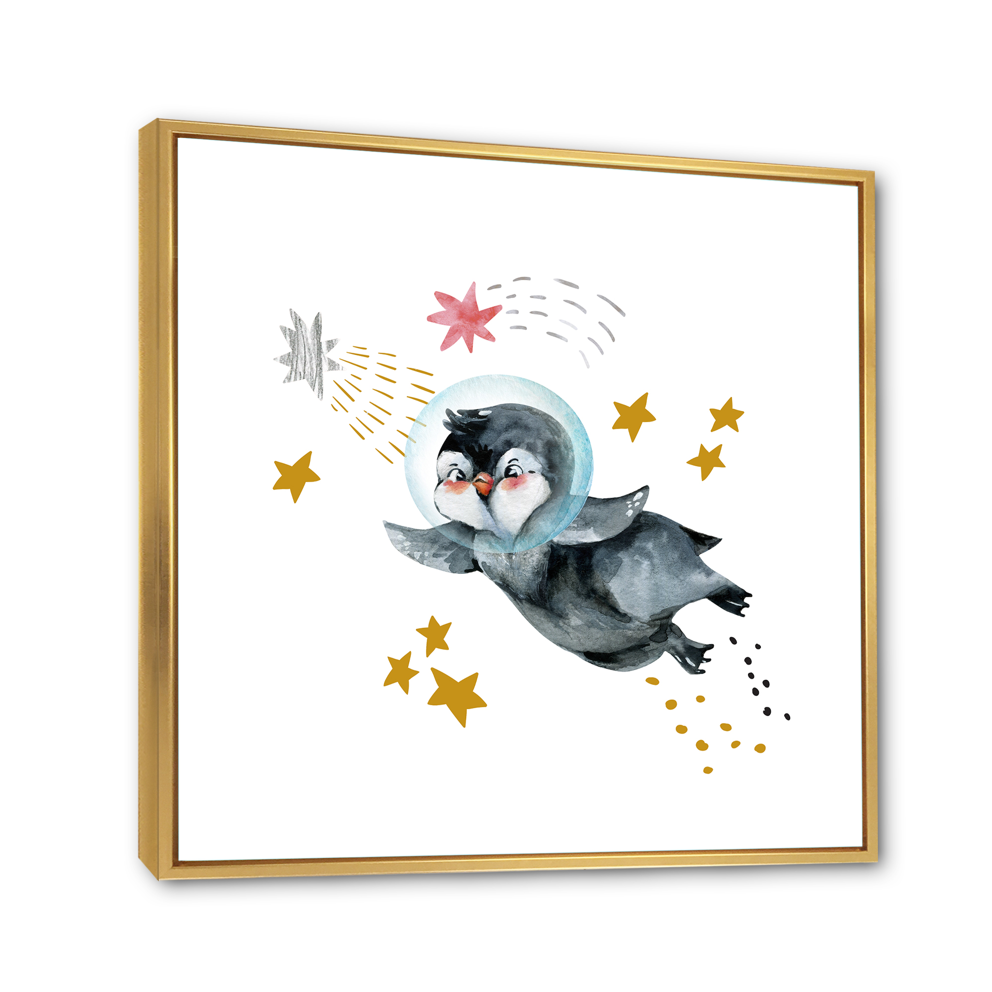 Designart 'Little Penguin Flying Planets and Stars I' Farmhouse Framed Canvas Wall Art Print