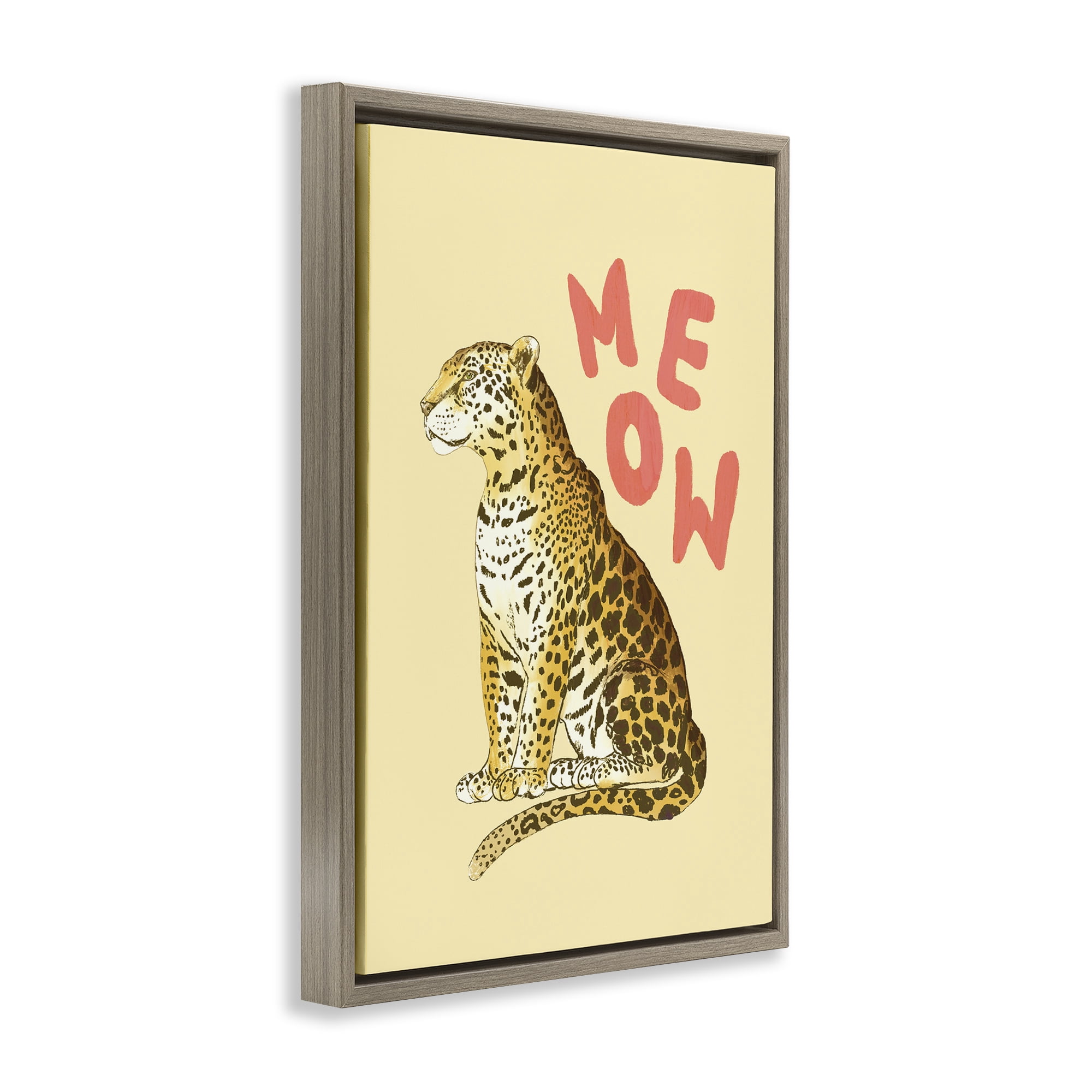 Stupell Industries Meow Leopard on Yellow Brown Framed Floater Canvas Wall Art, design by Florentina Dolci