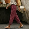 thumbnail image 6 of Yuanlook Women's Relaxed Fit Drawstring Linen Cotton Cropped Pants, Solid Eyelet Embroidery Scallop Hem Summer Beach Bottoms S-XXXL, 6 of 6