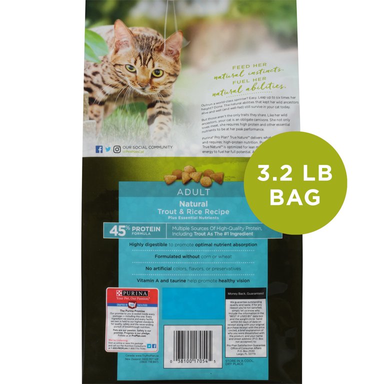 Purina Pro Plan Natural High Protein Dry Cat Food TRUE NATURE 45 Protein Formula Natural Trout Rice Recipe 3.2 lb. Bag