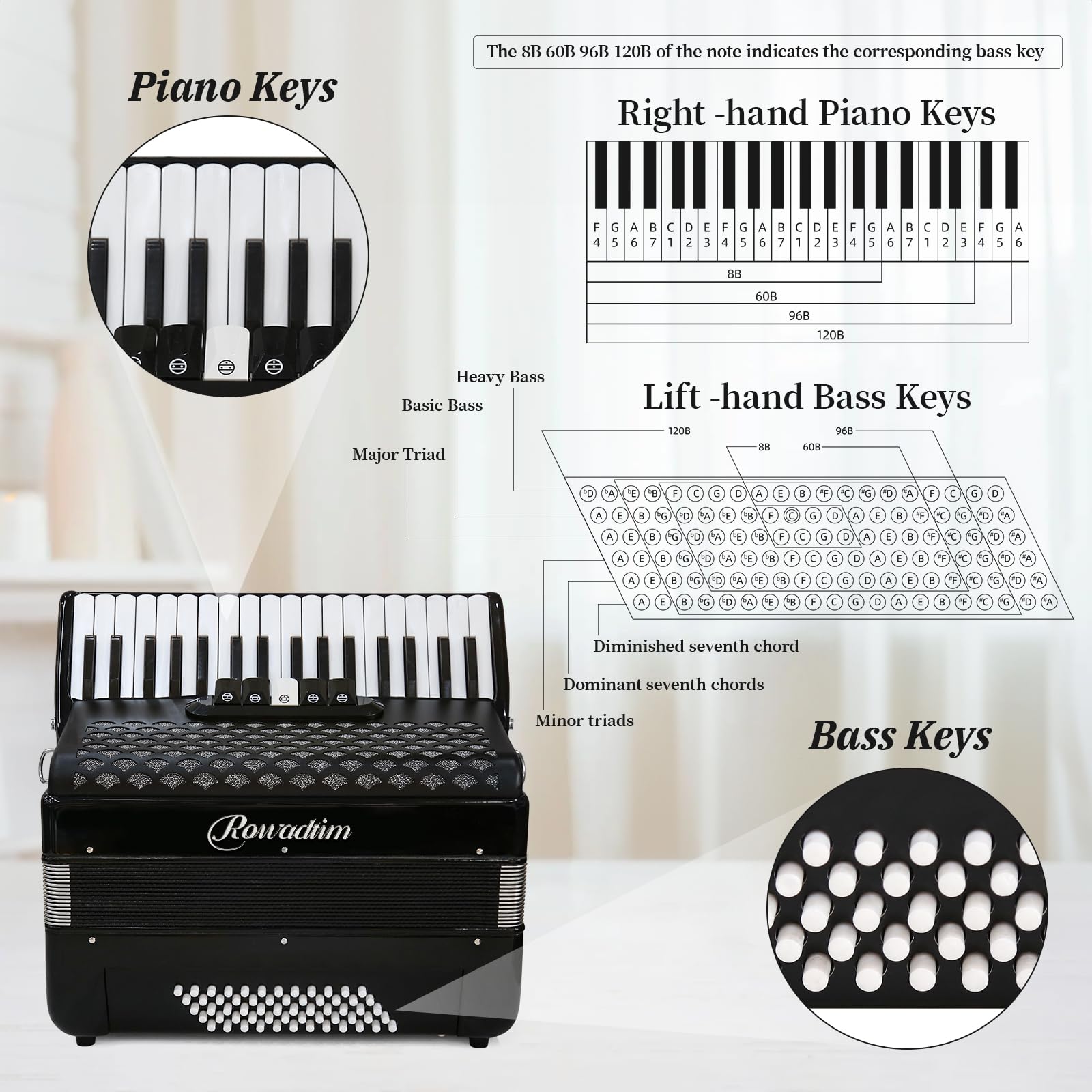 Rowadtim 34-Key Accordion, 60-Bass Accordion — Perfect for Beginners and Ideal Choice for Musicians and Teachers; with Carrying Case, Shoulder Strap, Gloves and  Cleaning Cloth (Black)