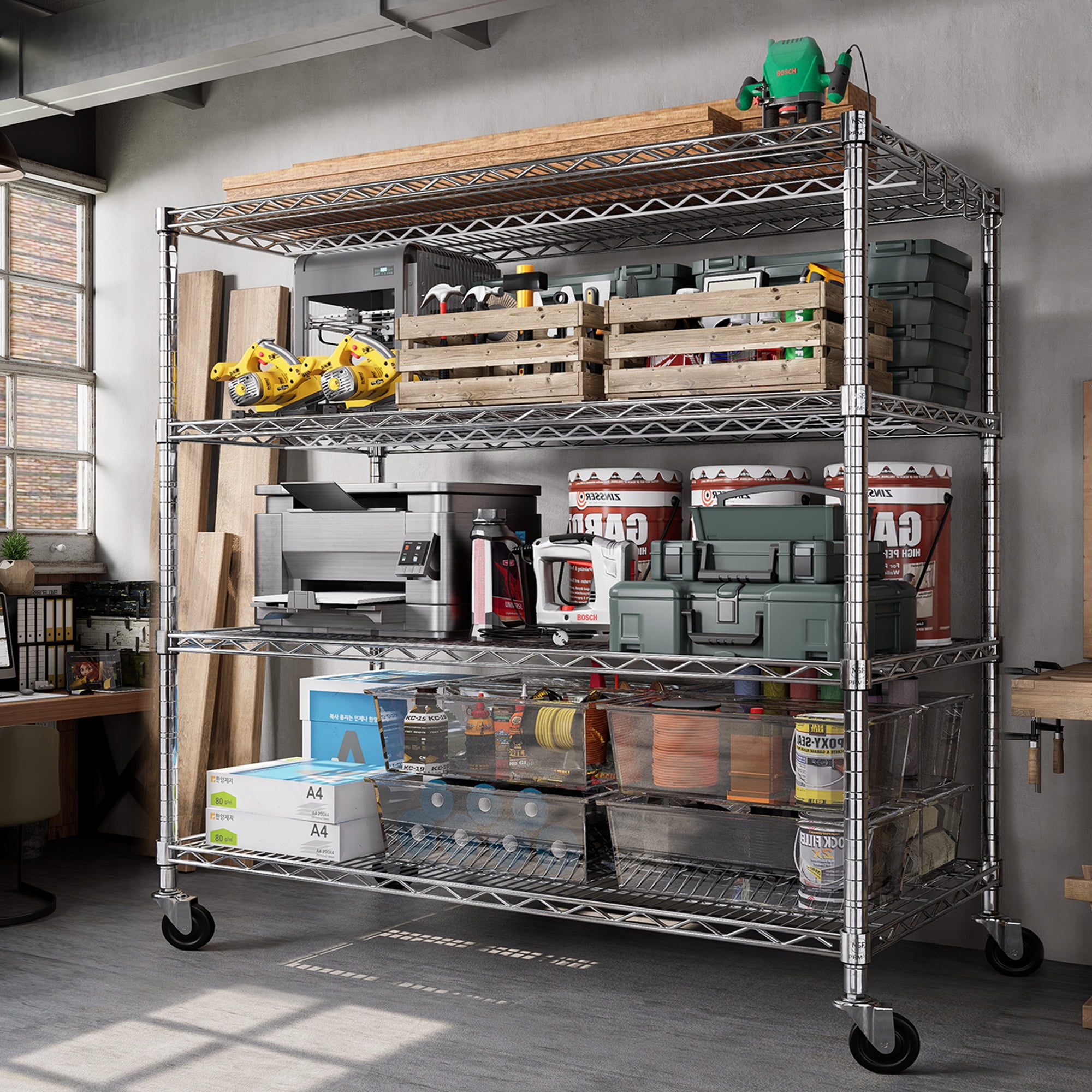 TrumanPick 4-Tier Garage Shelving Unit, 55.5"W x 24"D x 76"H NSF Wire Shelf Metal Large Storage Shelves, Heavy Duty Adjustable Wire Rack 2400 LBS Capacity, Chrome