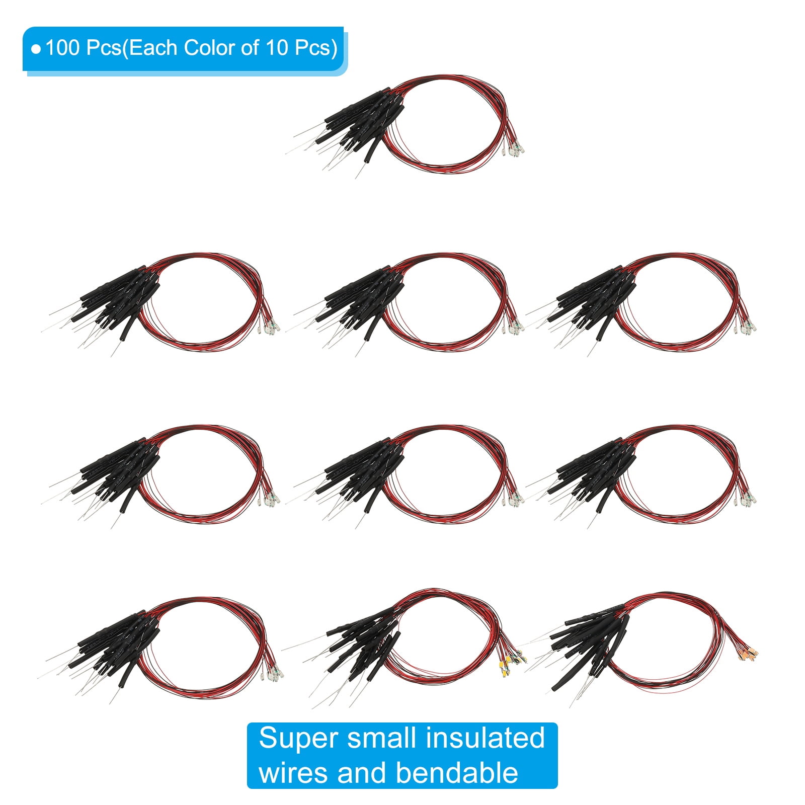 Uxcell 1206 Pre-Wired Micro LED, 100 Pcs 9-12V Pre-soldered Mini Light Emitting Diodes Surface Mount Device for Model, DIY, Science Projects, 9.8" Length, 10 Colors
