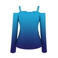 thumbnail image 4 of WREESH Womens Fashion Off The Shoulder Tops Slim V Neck Casual Gradient Color T-Shirts Long Sleeve Pullover Blouse Tops Blue, 4 of 5
