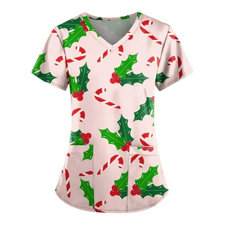 

KDDYLITQ Womens Petite Scrub Top Short Sleeve V Neck Fall T Shirt Christmas Design Working Nurses Uniform Classic Fit Scrub Top with Pockets Pink XL