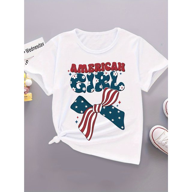 American Girl Graphic Cotton T-Shirt – Patriotic Stars & Stripes Design with Red, White, and Blue Accents – Comfortable Round Neck Short Sleeve Top for Girls, Perfect for Home