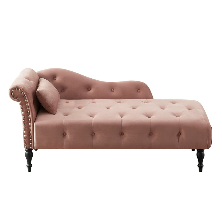 SYNGAR Tufted Arm for and Velvet with Nailhead Chaise Rolled Legs Chaise Lounges Trim Arm Facing Right Upholstered Lounge Rose Pillow, Office, Room Bedroom Living Chair, Indoor Wood Solid