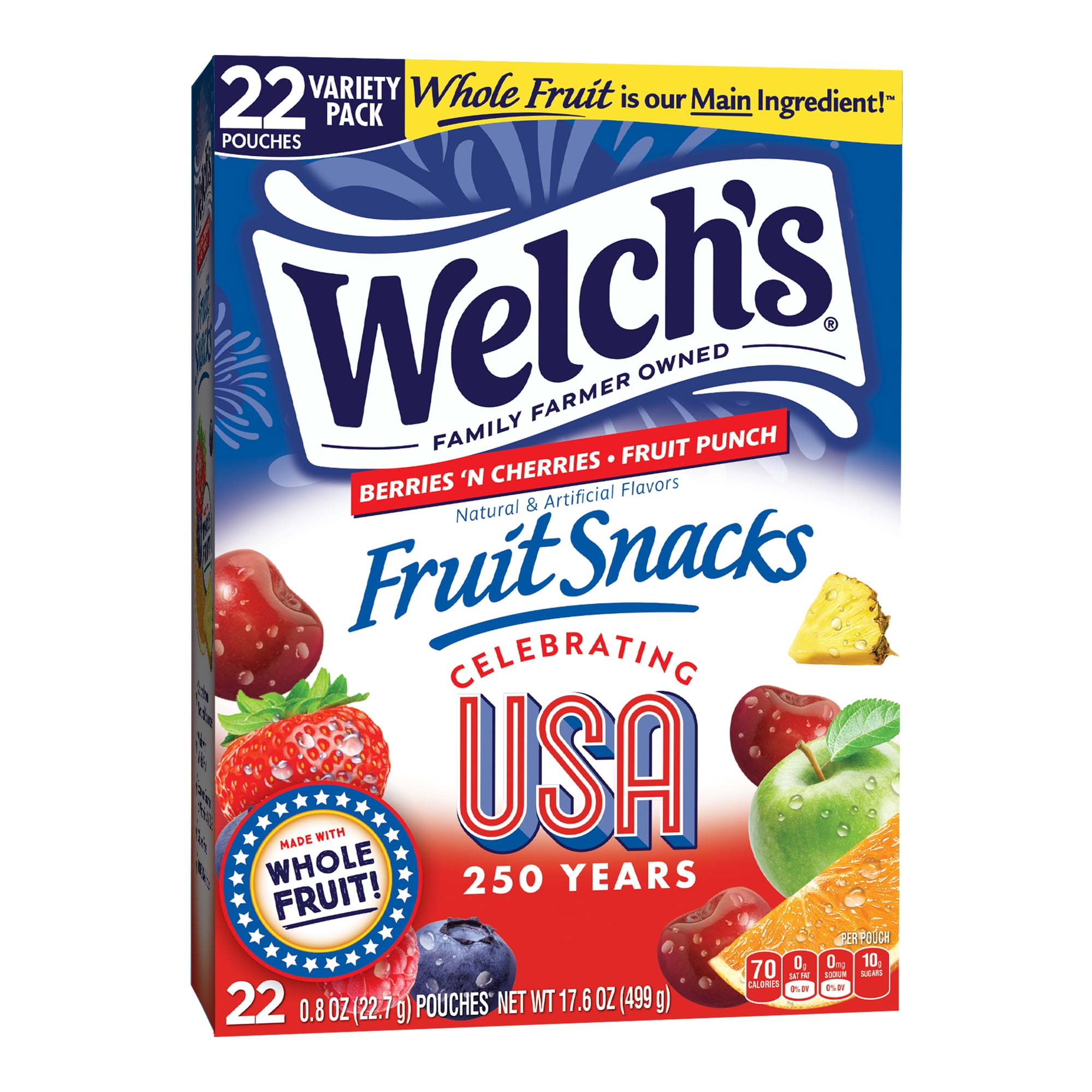 Welch’s Fruit Snacks, USA 250, Variety Pack, Berries ‘n Cherries, Fruit Punch, Gluten-Free, Soft Kids Snacks, 0.8 oz., 22 Count