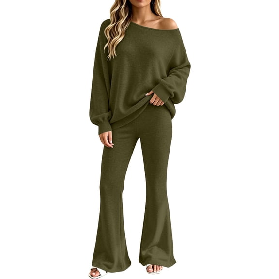 YHCY 2 Piece Off The Shoulder Sweatsuits for Women Long Sleeve Knit Sweatshirt Loose Fit Basic Flared Sweatpant Oversized Fall Fashion Suits Casual Soft Sets Going Out Sweatsuits Army Green L