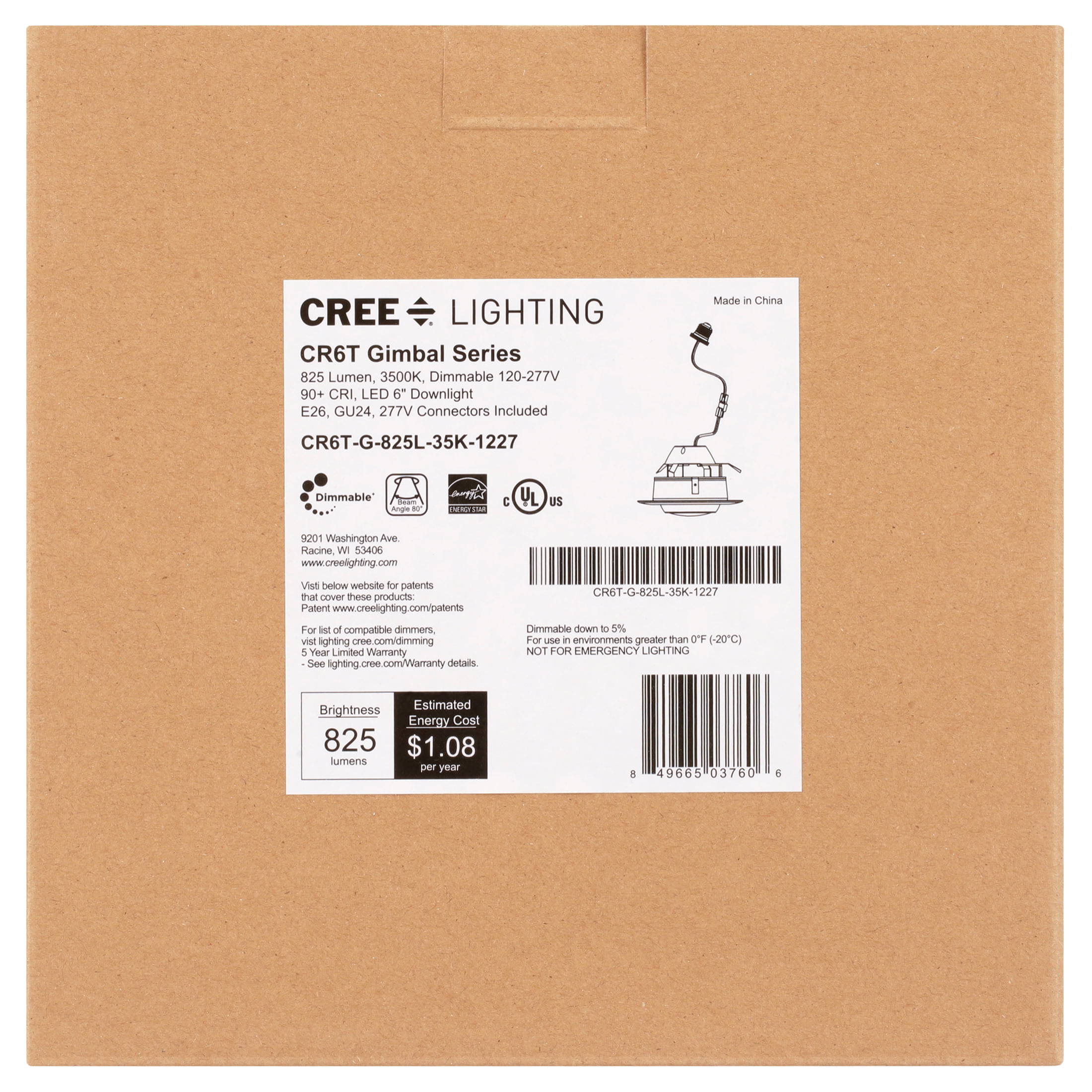 Cree Lighting CR-T 6 inch LED Retrofit Gimbal Downlight 75W Equivalent, 825 lumens, Dimmable, Neutral White 3500K, 50,000 hour rated life | 1-Pack