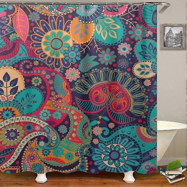 Mandala Ethnic Decor Shower Curtain Retro Geometric Round Patterns Floral Print Theme Bathroom Set with Hooks,71*71in
